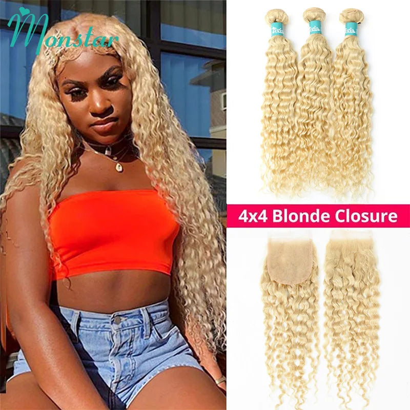 4x4 Closure with 613 Blonde Color Deep Wave Hair 100% Remy Human Hair Bundles Brazilian Hair Weave Bundles with Lace Closure 4x4
