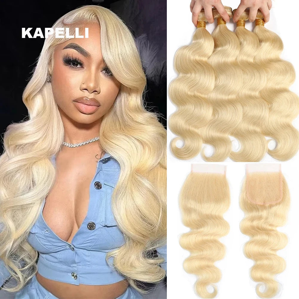15A Human Hair Bundles with Closure 4x4 HD Lace 613 Blonde Body Wave Bundles Human Hair Weaving Remy 100% Human Hair Extensions