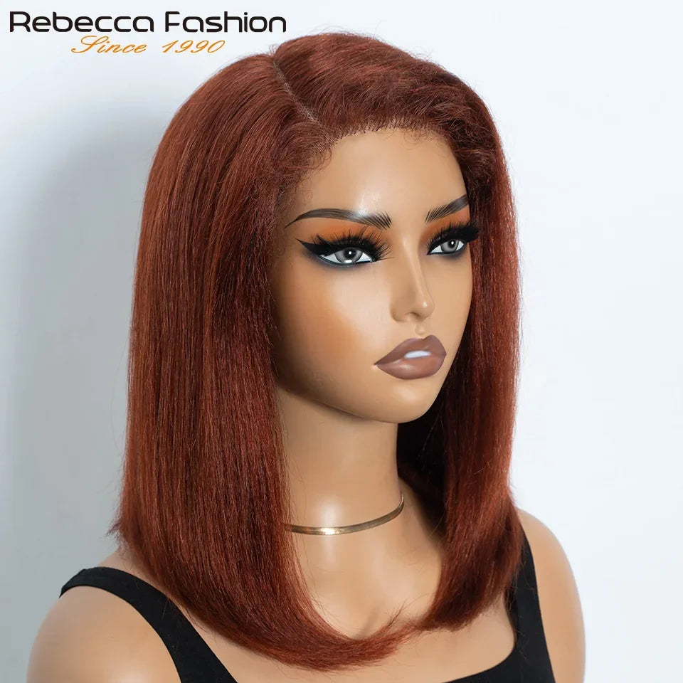 Reddish brown 14-inch kinky straight bob human hair lace wig with side part, natural hairline, glueless black wig by HSF Marketplace