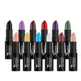 Set of 12 waterproof lipstick shades in black, blue, purple, green, and red with matte finish, from HSF Marketplace.