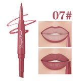 Waterproof nude matte lip liner and rose red lipstick in double-ended makeup pencil, featuring moisturizing, long-lasting formula.