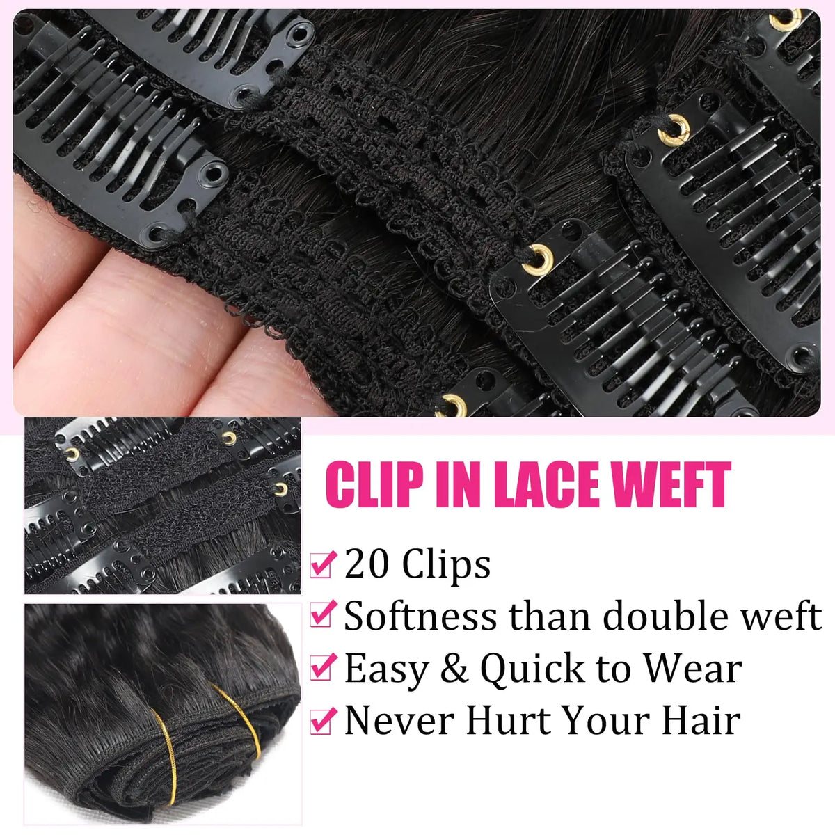 Kinky straight 16-inch real human hair clip-in extensions by HSF Marketplace