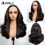 NOBLE 13x4 Synthetic Lace Front Wig 30 Inch Dark Brown Layered Fluffy Wavy Wig Pre Plucked Hairline Heat Resistant Wig For Wome