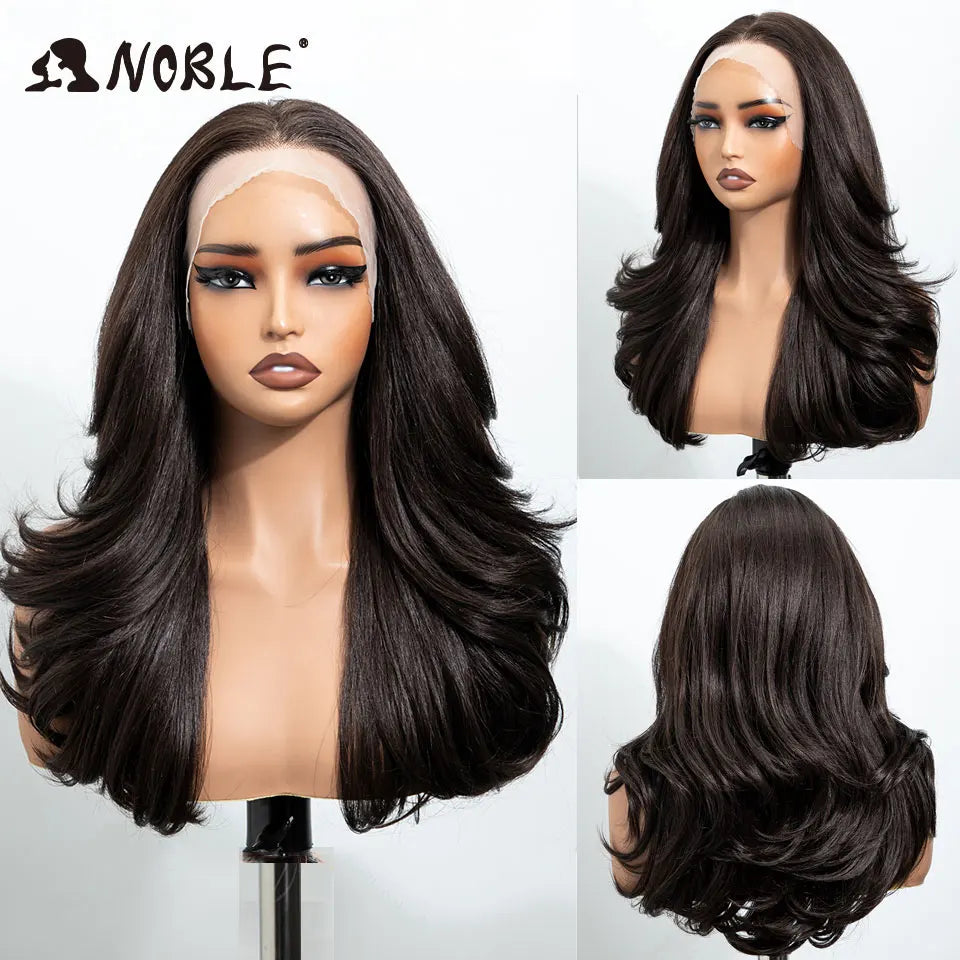 NOBLE 13x4 Synthetic Lace Front Wig 30 Inch Dark Brown Layered Fluffy Wavy Wig Pre Plucked Hairline Heat Resistant Wig For Wome