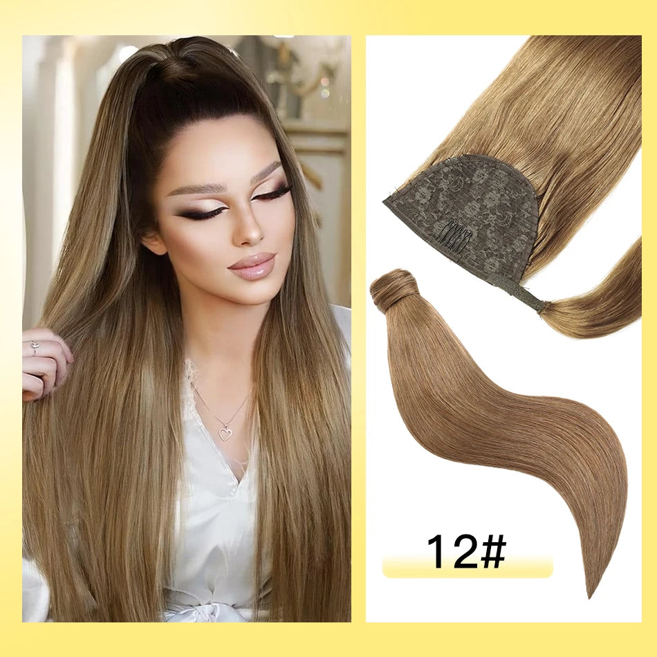 Yelo human hair Remy straight clip-on ponytail extension in blonde, brown, and black shades
