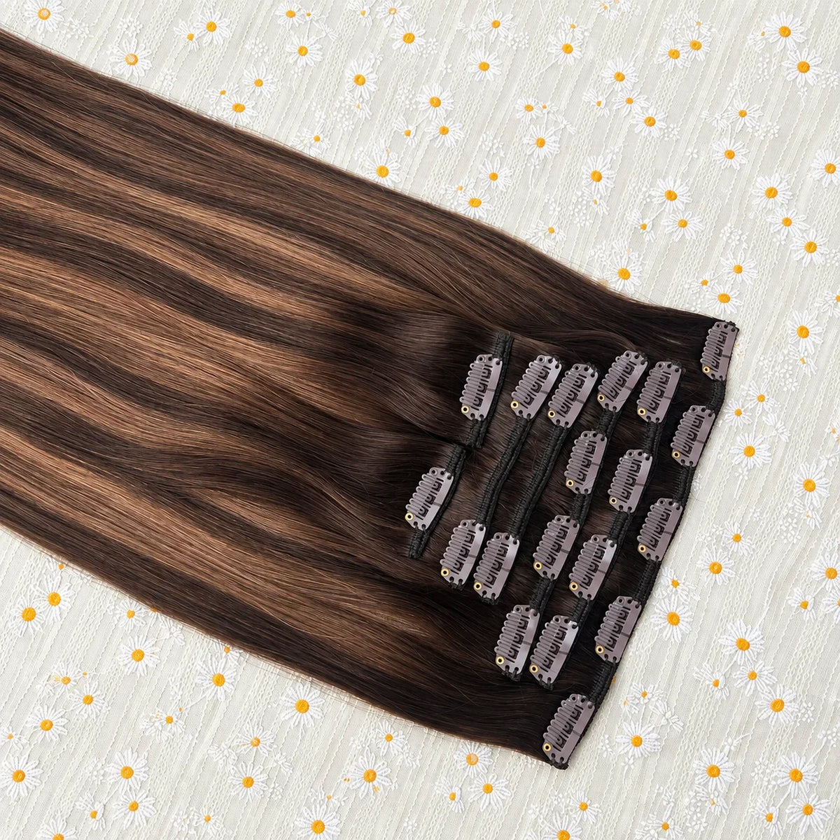 Dark chocolate brown HSF Marketplace clip-in hair extensions, straight 100% human hair with fuller ends