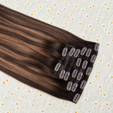 Dark chocolate brown HSF Marketplace clip-in hair extensions, straight 100% human hair with fuller ends