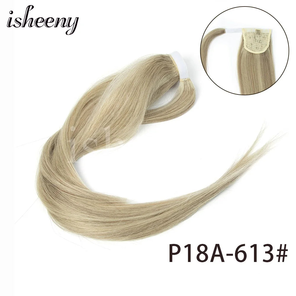 Isheeny straight human hair ponytail extension, Brazilian Remy wrap clip-in style, natural finish geschniegelt