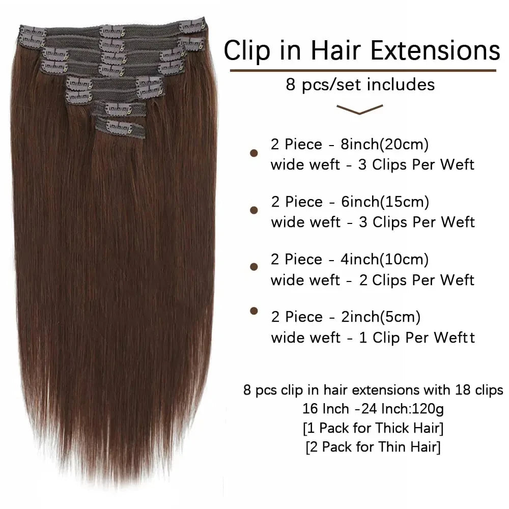 Clip-in real human hair extensions, color #4 chocolate brown, 24 inches, 8-piece set with clips