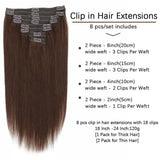 Clip-in real human hair extensions, color #4 chocolate brown, 24 inches, 8-piece set with clips
