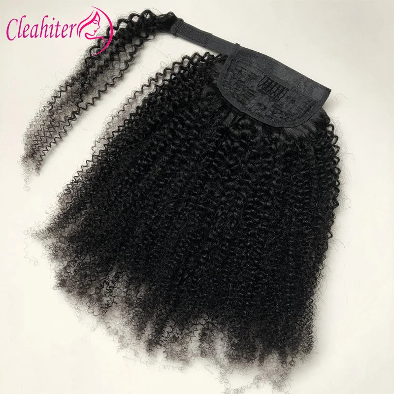 Mongolian Afro Kinky Curly Human Hair Wrap Around Ponytail Natural Color Clip Ponytail Extension Hair For Women 10-22 Inch