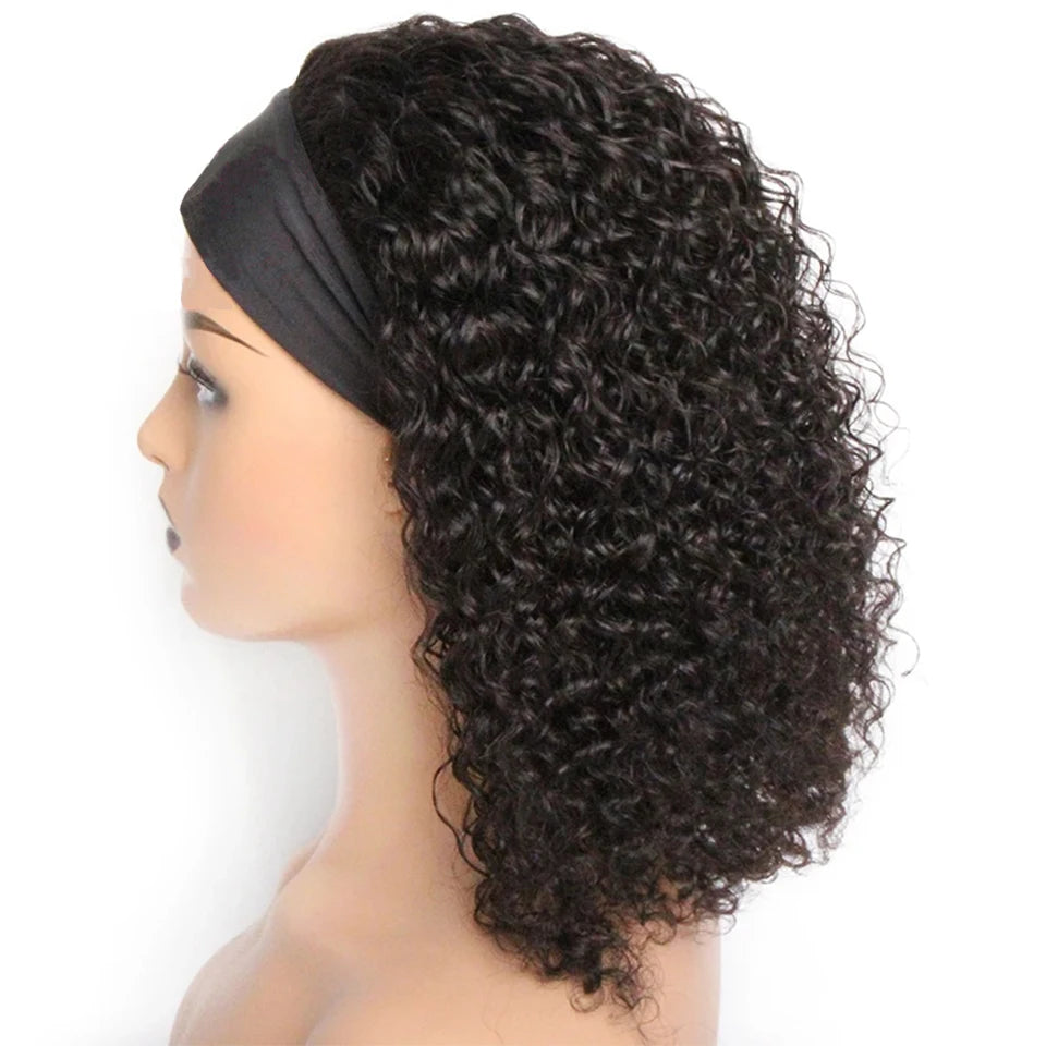 Short Jerry Curl water wave bob headband wig, human hair, glueless machine-made Remy wig for Black women