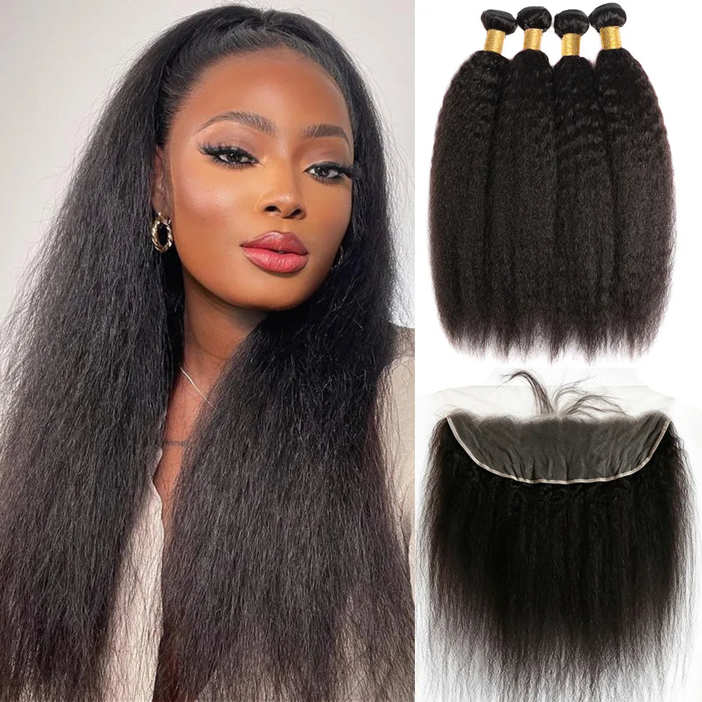 Kinky Straight Closure With Human Hair Bundles Yaki Straight Human Hair Bundles And Weaves With Frontal Closure Hair Extensions