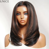 Straight layered bob human hair wig with warm brown highlights, HSF Marketplace