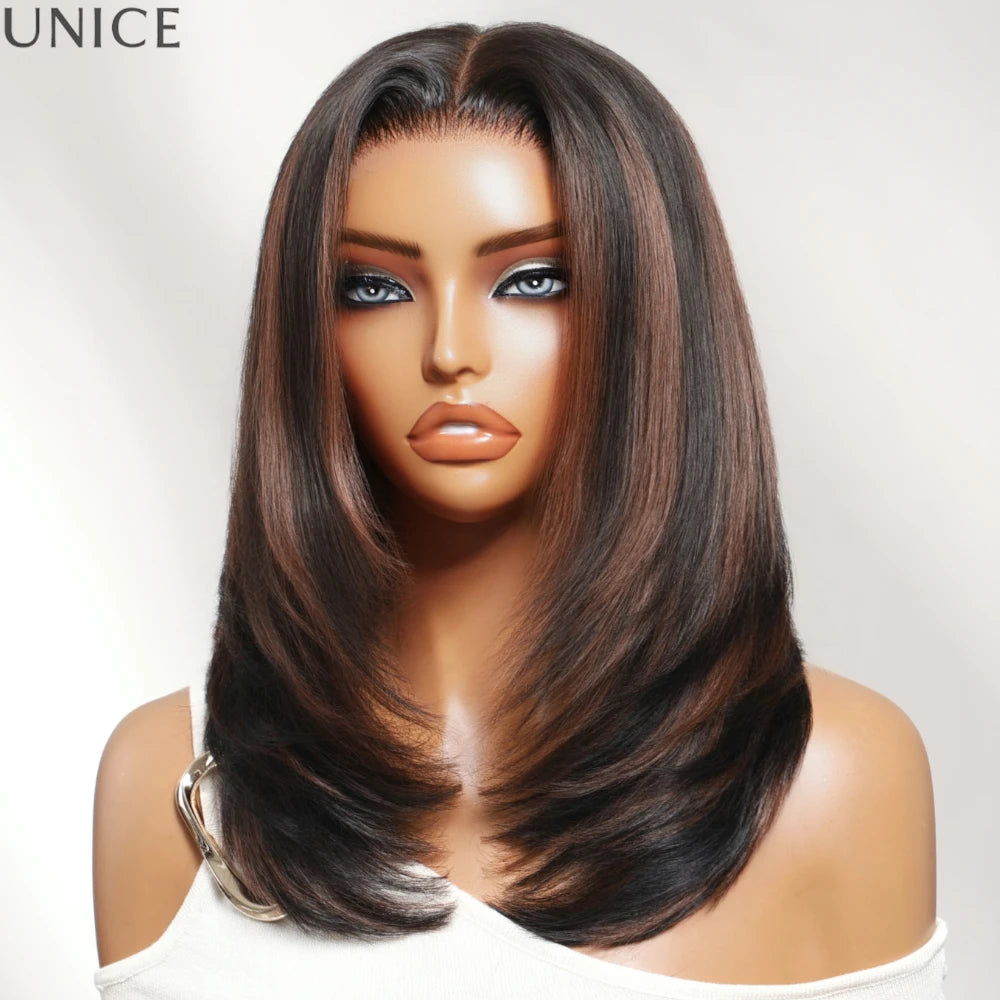 Straight layered bob human hair wig with warm brown highlights, HSF Marketplace