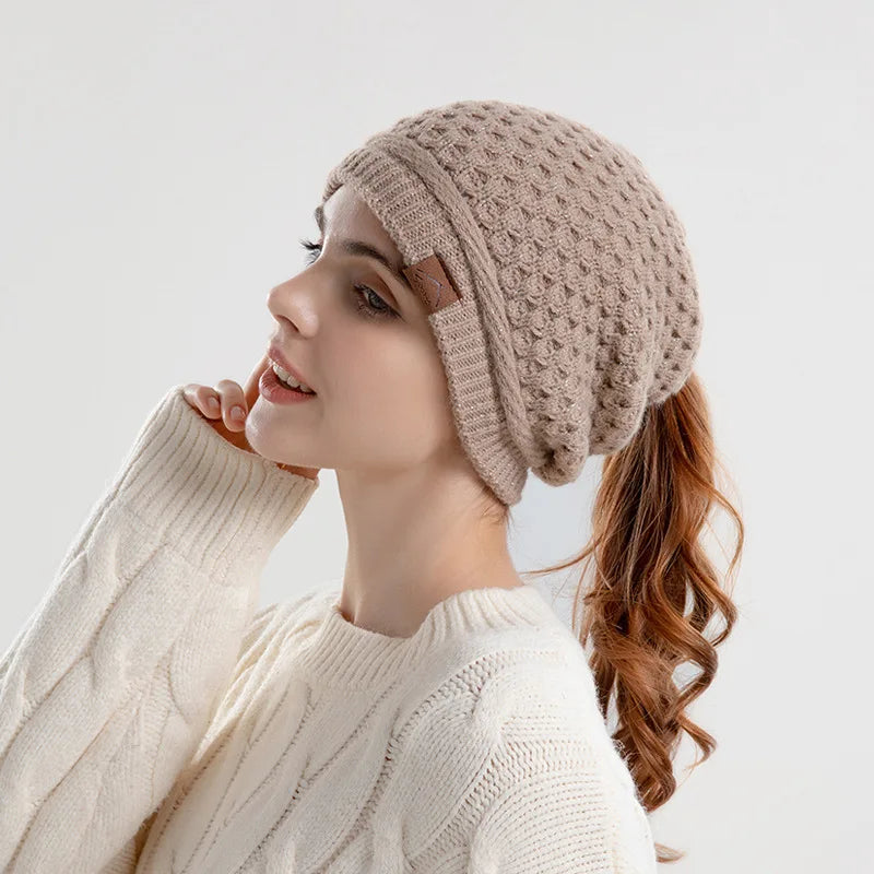 Women's fleece-lined slouchy beanie with ponytail hole and ear flaps, warm winter hat in fashion style