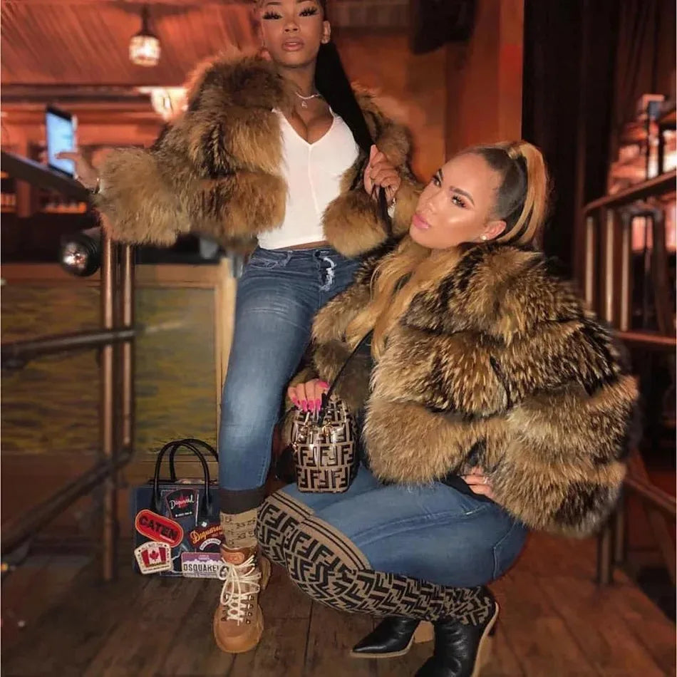 Women's luxury thick real raccoon fur coat in plus sizes, shown in a rich natural fur texture