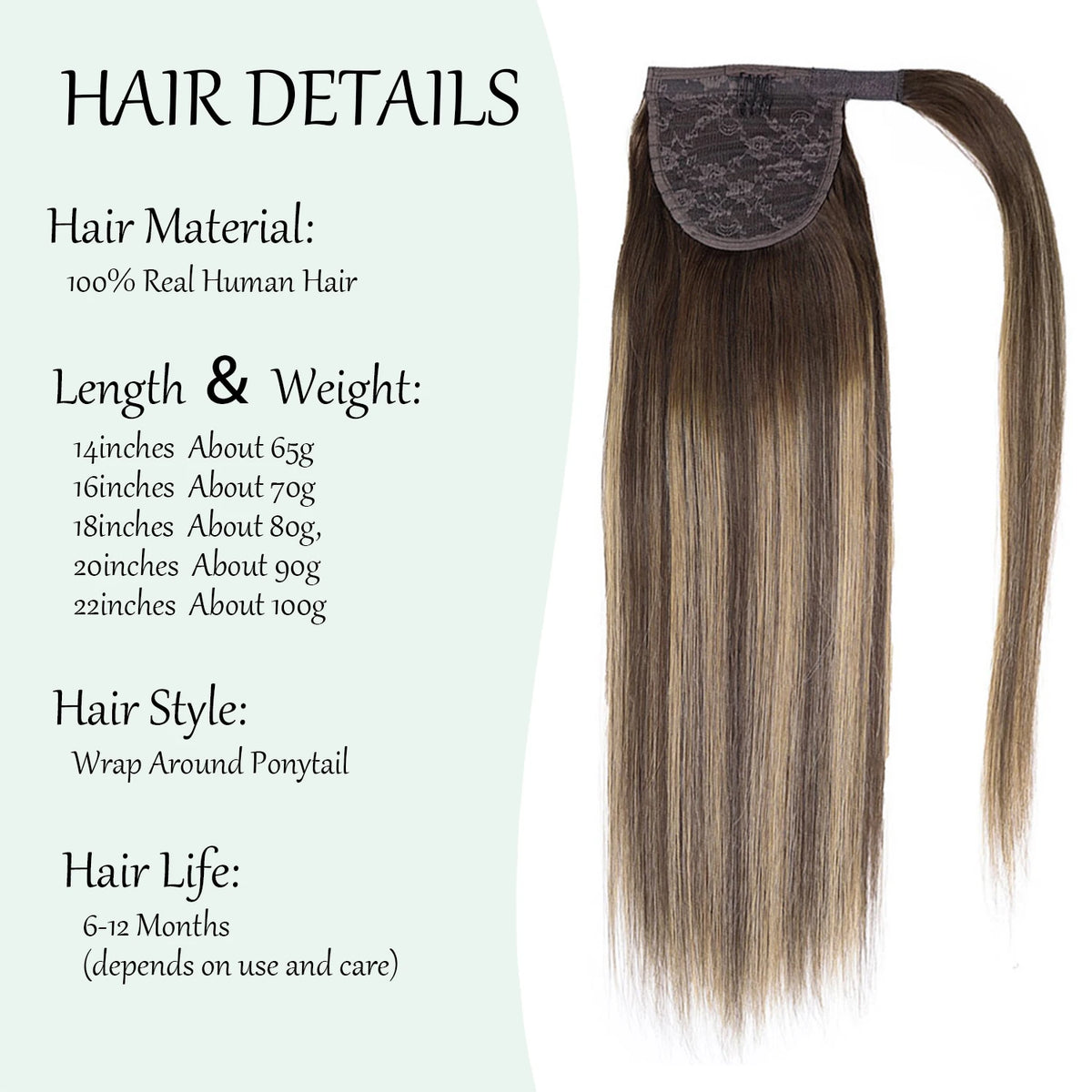 Straight human hair wrap-around ponytail extension with clip for women by HSF Marketplace