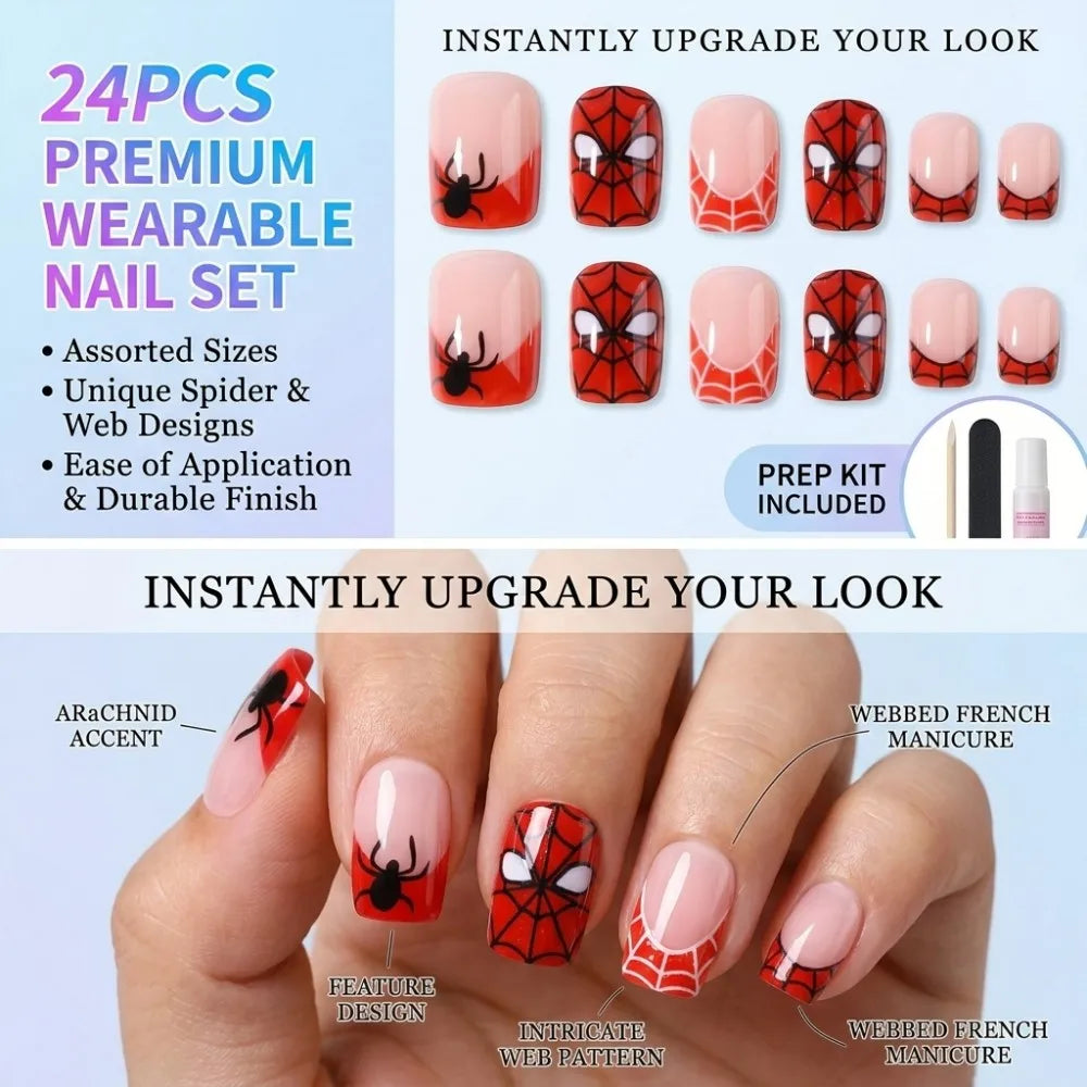 24PCS Halloween spooky spider web red glossy square press-on false nails by HSF Marketplace