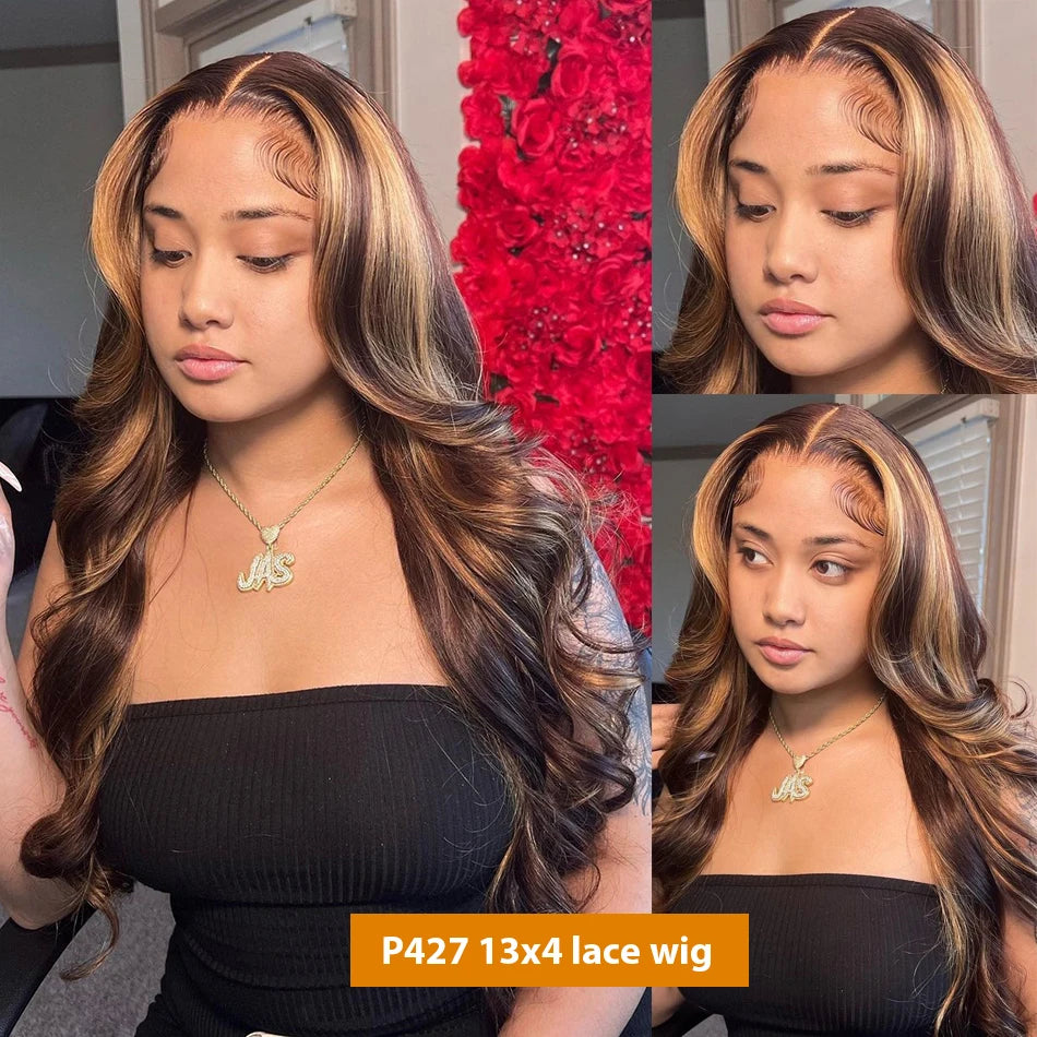 Highlight Body Wave Human Hair Wig with 13x6 HD lace frontal in black, brown, and blonde ombre, 30 to 36 inches long.