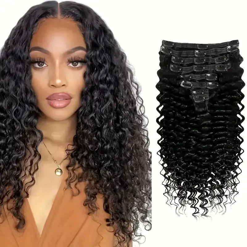 Brazilian deep wave human hair clip-in extensions, 8-piece set, natural black Remy hair, 10–26 inch, 120g