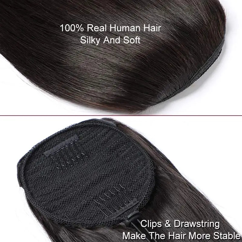Natural black Brazilian human hair body wave drawstring ponytail clip-in extension for women