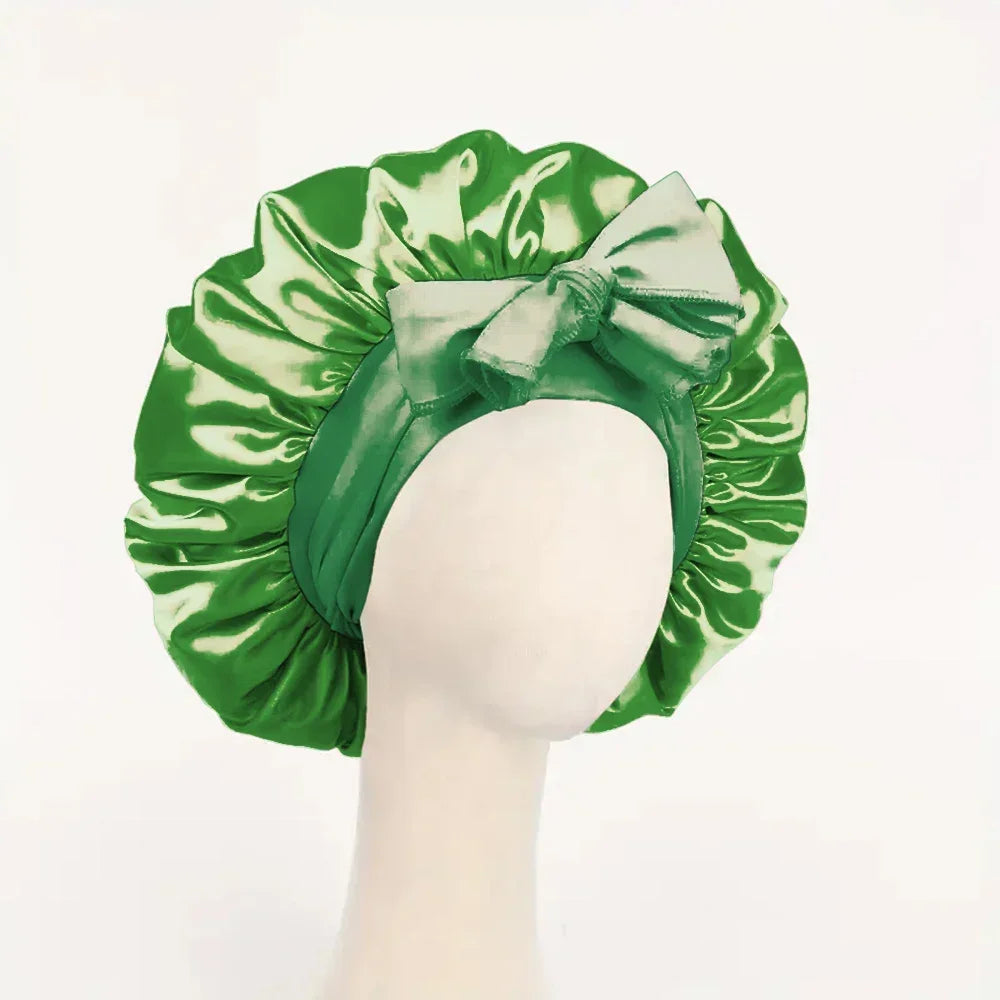 Silk satin sleep bonnet with adjustable tie band from HSF Marketplace, designed for women and men to protect hair overnight.