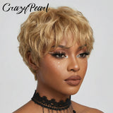 CrazyPearl Colored Light Brown Pixie Cut Wigs Human Hair 100% Short Wigs Human Hair Full Machine Wigs Glueless Wigs Human Hair
