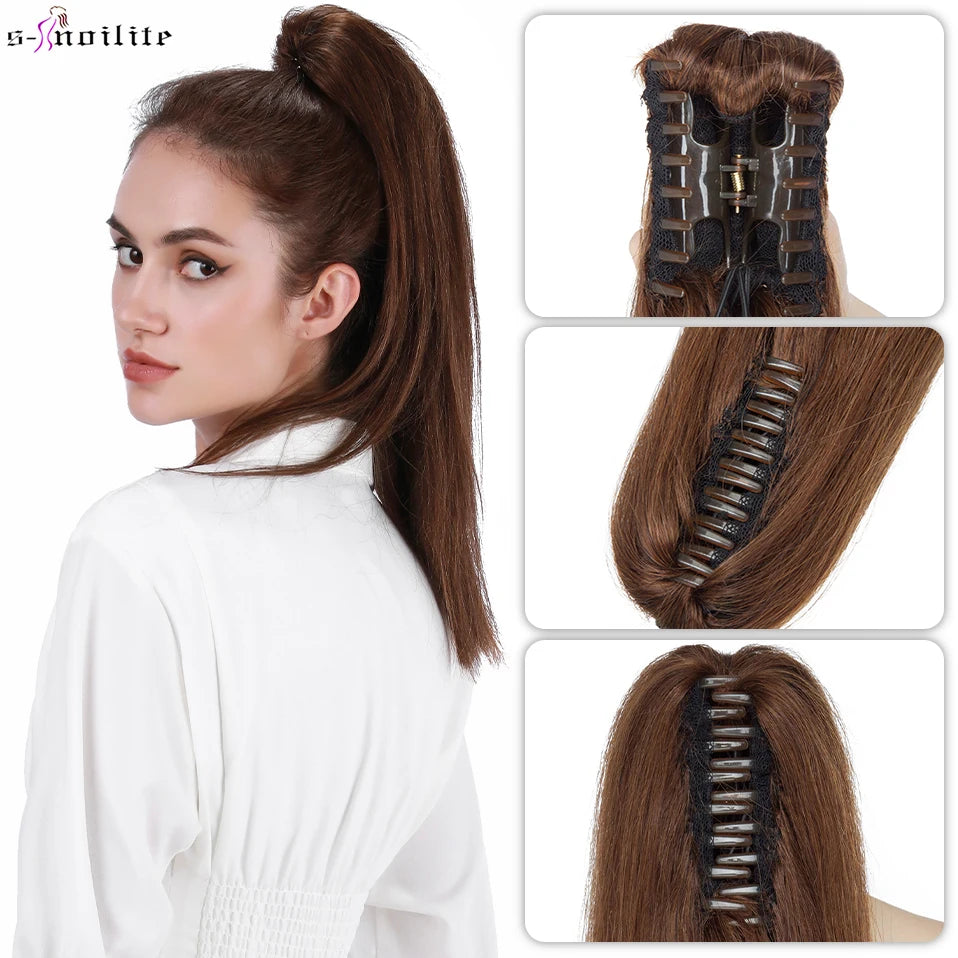 S-noilite straight human hair ponytail extension with claw clip in black, blonde, and brown shades
