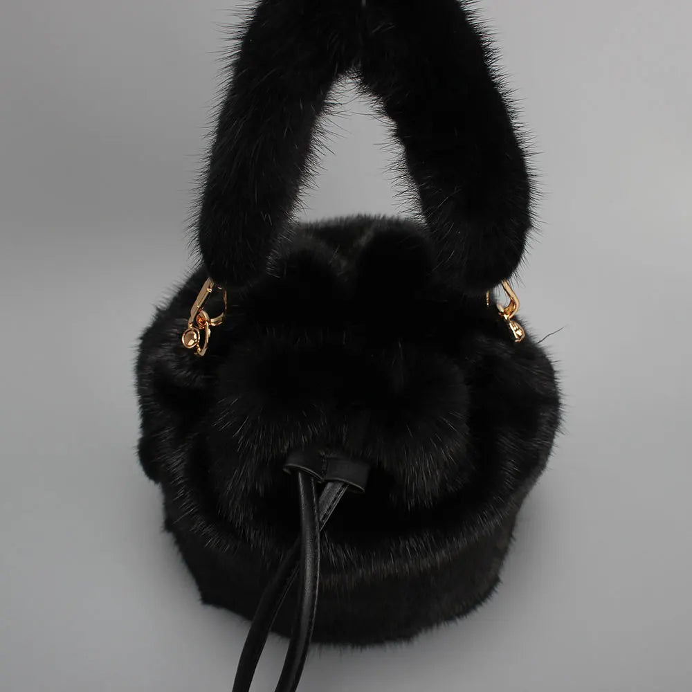 Luxury real mink fur bucket handbag for women, fluffy winter crossbody bag, stylish ladies evening purse from HSF Marketplace