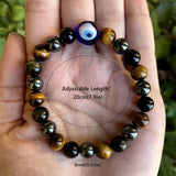 Triple Protection Bracelet, Blue Tigers Eye Black Bile Obsidian Evil Eye Beaded Bracelet, Handmade Stretch Beaded Bracelets
