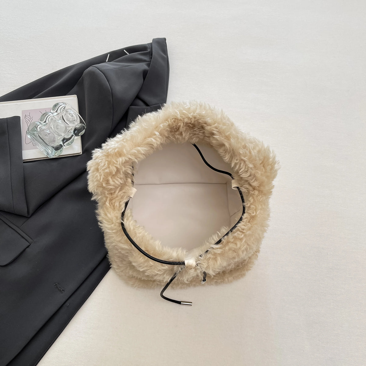 Leftside 2026 winter faux fur small tote bag with curly fluffy fur, drawstring top handle, shoulder bag for women.