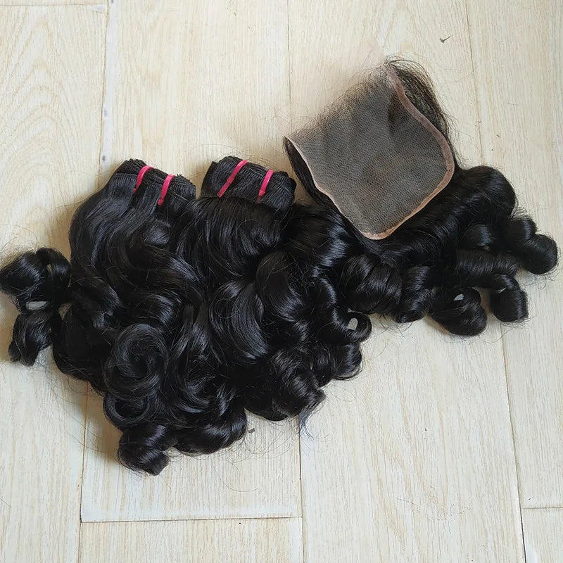 Premium 12A 8-24 Inch Vietnamese Hair Double Drawn Funmi Wave Human Hair Weaving with 3Bundles 4x4 Lace Closure 100% Unprocessed