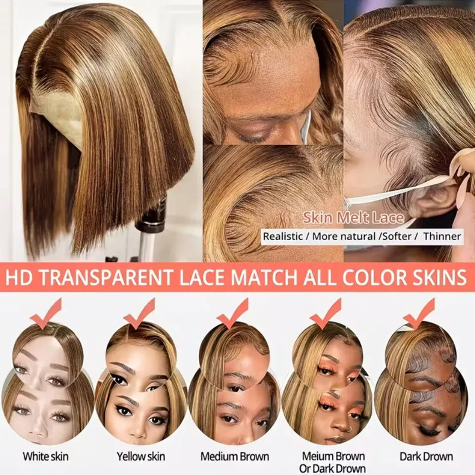 Highlight 4/27 Bob Wig Human Hair 13x6 HD Lace Front Wigs Human Hair Pre Plucked 200% Density Invisible Knots Ombre Straight Lace Front Bob Wigs for Women