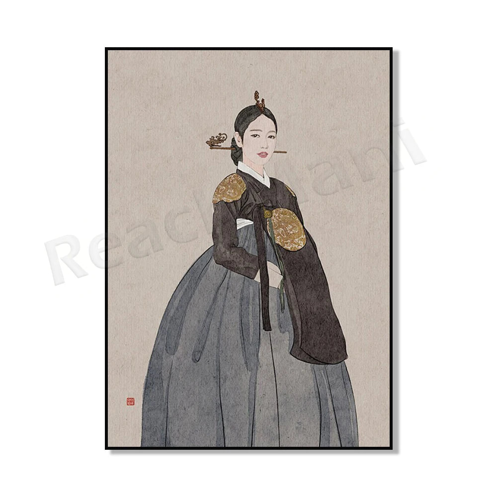 Korean hanbok canvas poster featuring traditional Asian clothing, K-culture wall decor by HSF Marketplace