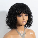 Short curly Brazilian Remy human hair wig with water wave texture, natural-looking, glueless bob style from HSF Marketplace.
