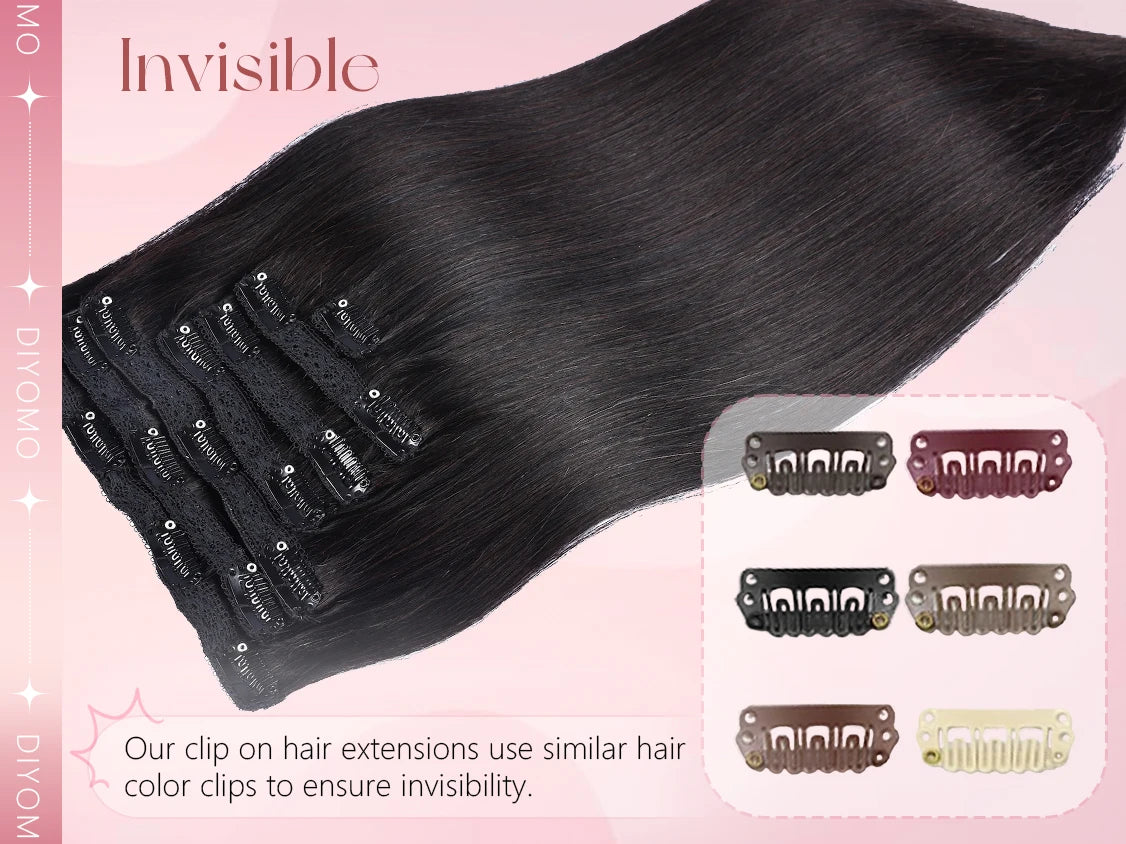 Natural black straight clip-in human hair extensions, 7-piece PU invisible weft set, 116g lightweight