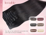 Natural black straight clip-in human hair extensions, 7-piece PU invisible weft set, 116g lightweight