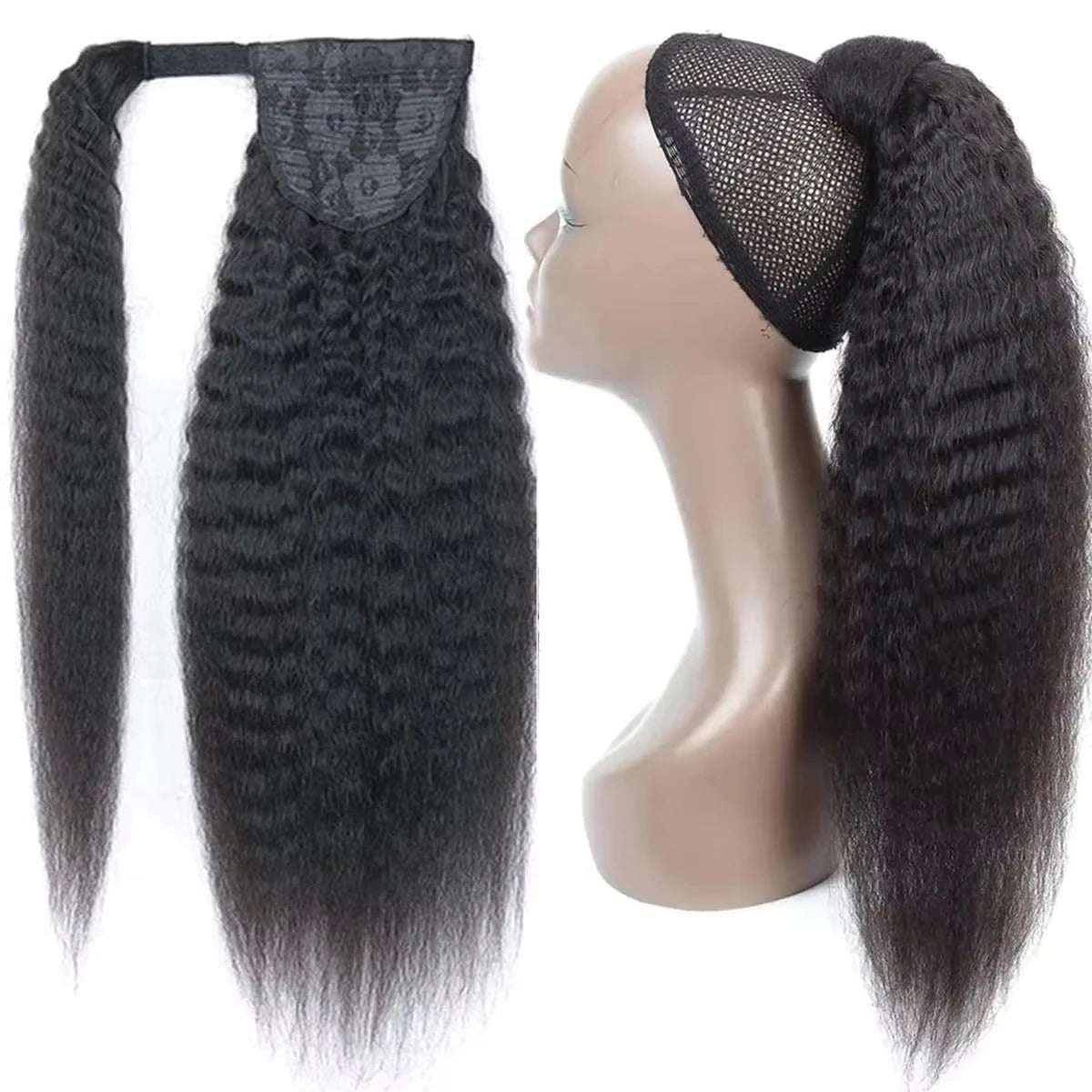 Kinky straight Brazilian Remy human hair wrap-around clip-in ponytail in natural color by HSF Marketplace