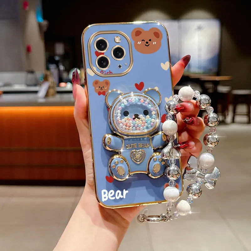 Pearl strap Love Bear phone holder case for iPhone, featuring a cute bear design and beaded wrist strap