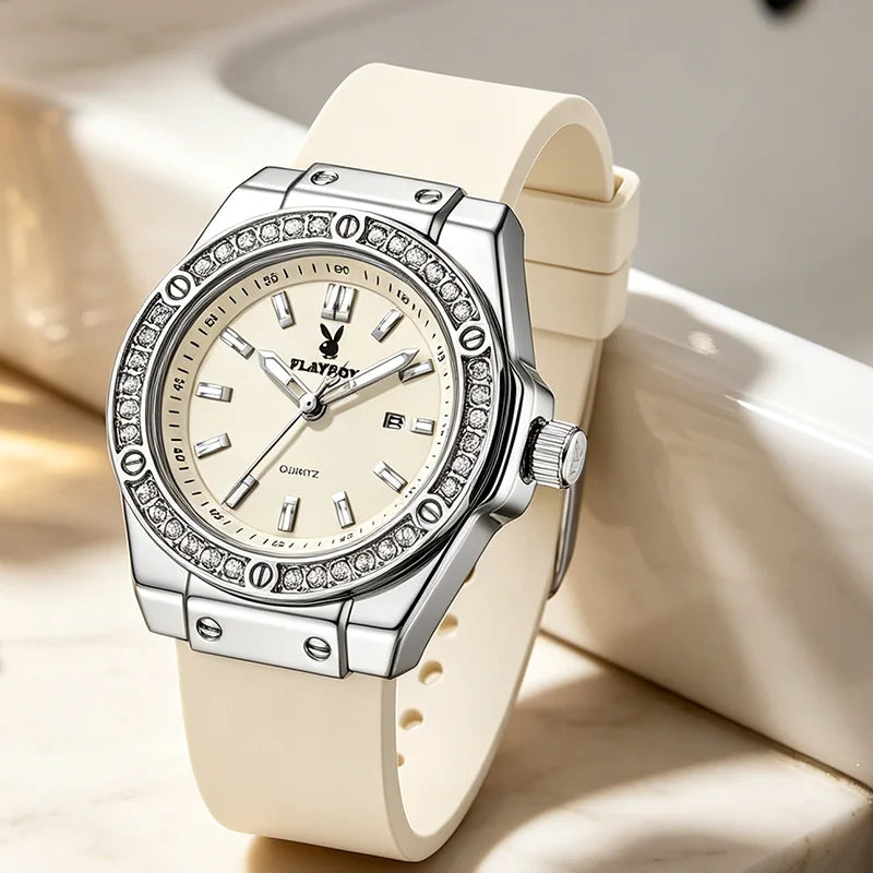 PLAYBOY Woman Elegant Date Quartz Wristwatch Waterproof Luminous Diamond Bezel Watches for Woman Luxury Original Brand Reloj