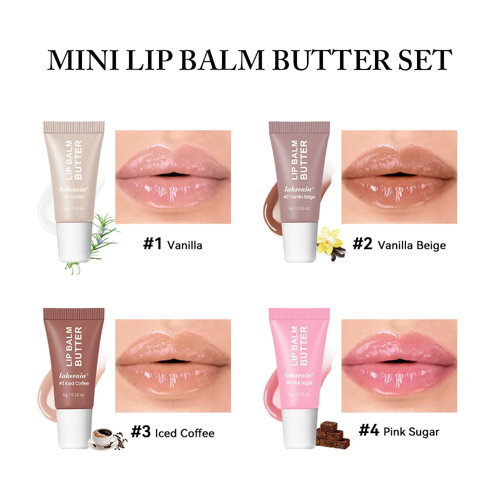HSF Marketplace 4-pack mirror lip gloss set with moisturizing lip oils in vanilla, pink sugar, and coffee cake scents, transparent shine.