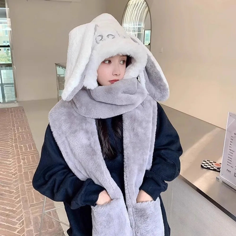 HSF 3-in-1 hooded scarf set for women, warm windproof winter hat and scarf combination