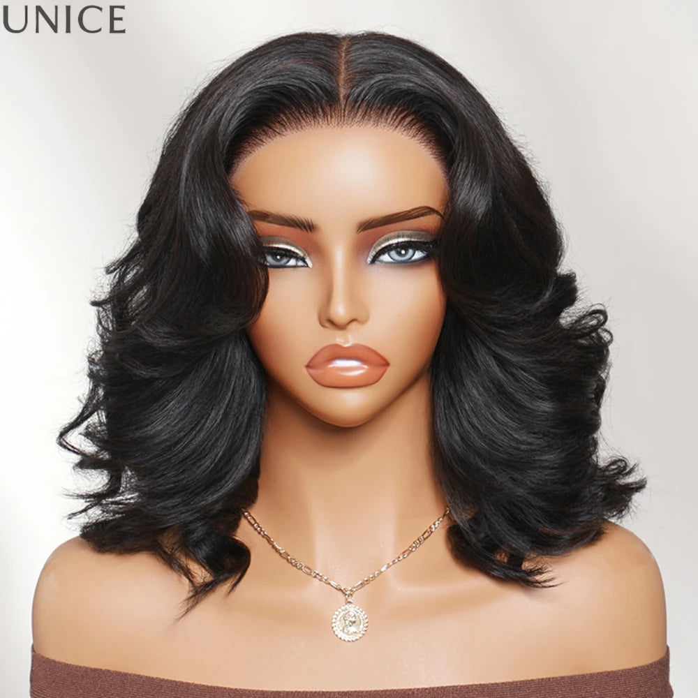 Layered blowout wavy bob wig, glueless human hair, 150% density by HSF Marketplace