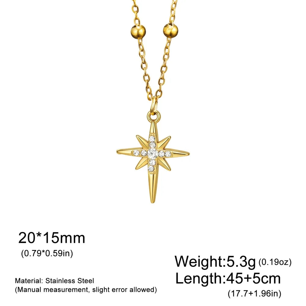 Gold stainless steel North Star pendant necklace for women featuring zircon accents and an eight-pointed star design.