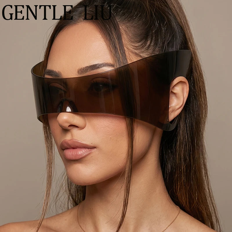 Steampunk-inspired one-piece shield sunglasses for women, windproof and wrap-around, with a luxury Y2K punk style.