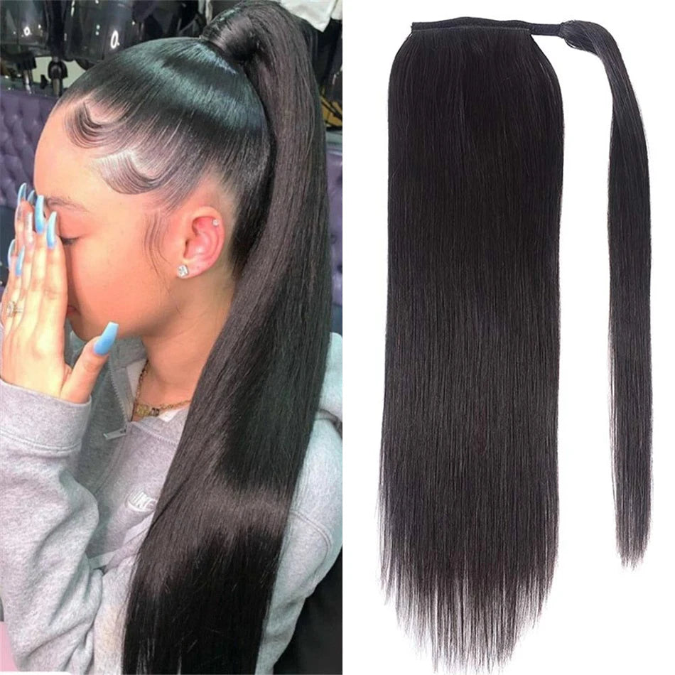 Water wave wrap-around ponytail extensions, real virgin Brazilian human hair, natural black, clip-in style