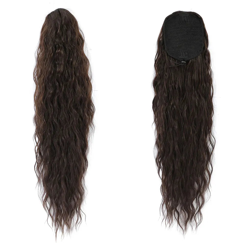 HSF Marketplace 26-inch ombre brown-blonde curly drawstring ponytail clip, heat-resistant synthetic hair