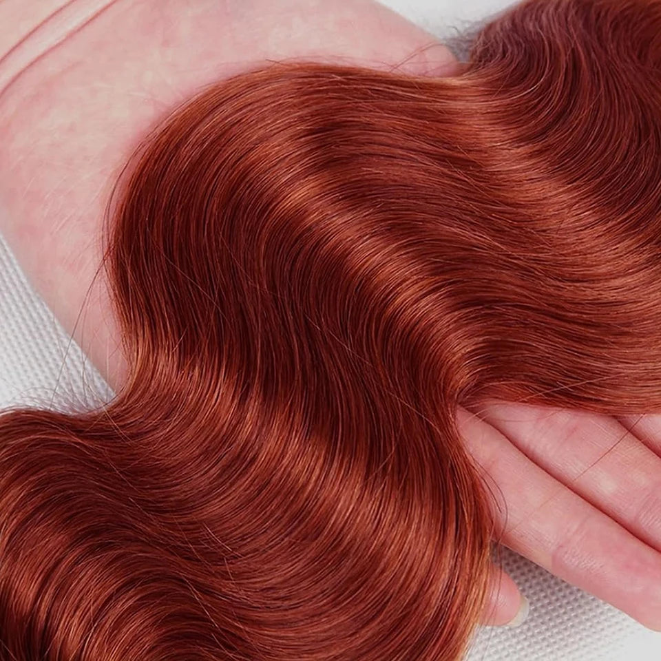 Reddish Brown Body Wave Human Hair Bundles with 4x4 HD Lace Closure Free Part Color #33 Brazilian Raw Hair Copper Red Wavy Color