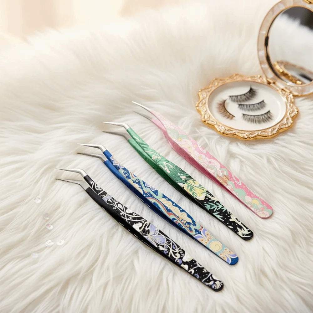 High precision stainless steel eyelash extension tweezers by Sticker Therapy, silver finish bent tip
